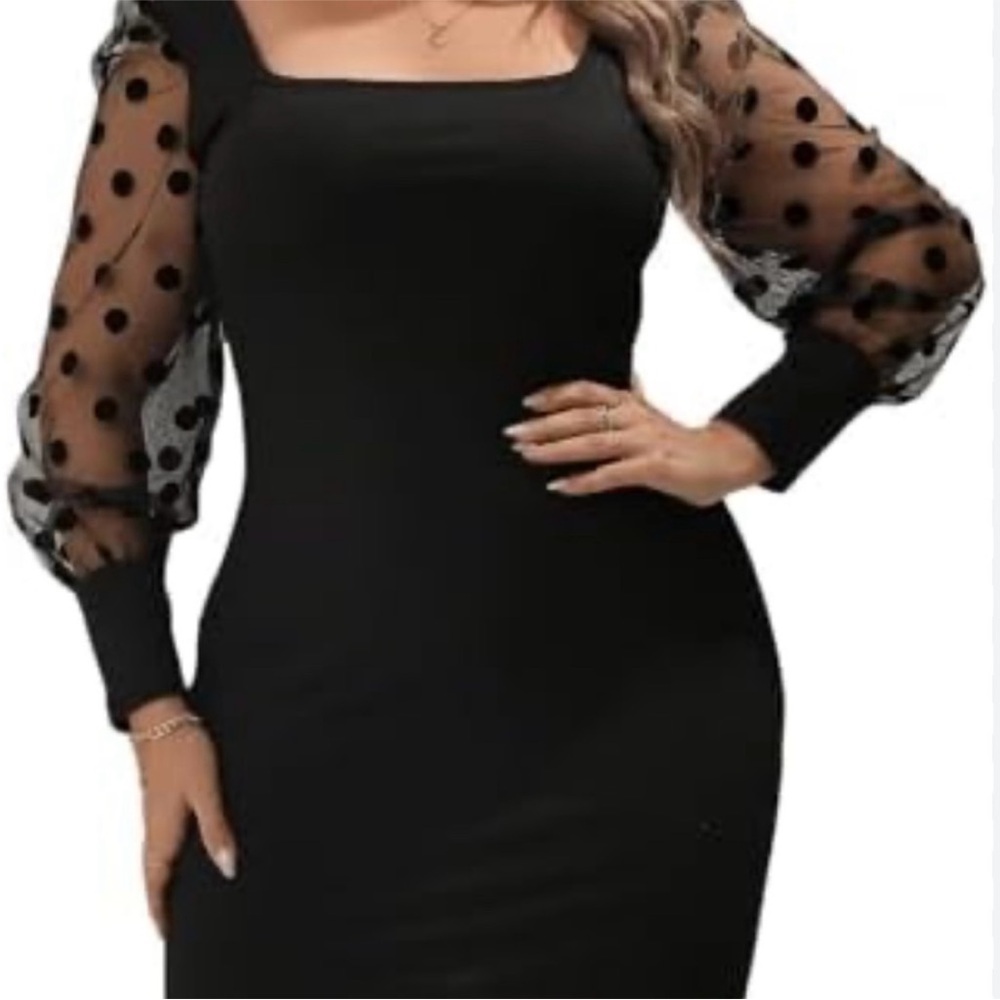 Black Ribbed Bodycon dress with Sheer Polka Dot Sleeves - Picture 3 of 8